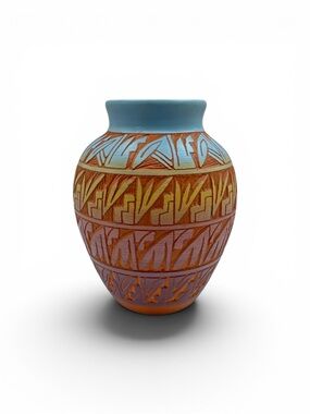 Vintage Signed Lopez Redware Navajo Pottery Vase Etched Terracotta Seed Vase